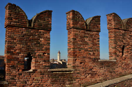 Basilica of San Zeno viewed through Scaliger Bridge, two landmarks of Veronaの写真素材