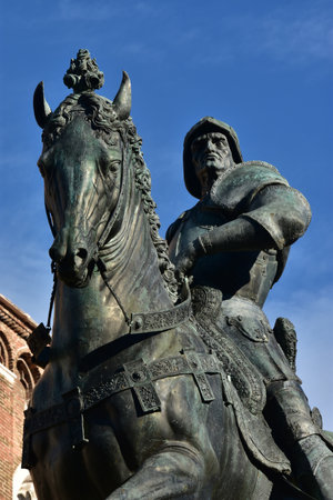 Detail from the equestrian bronze statue of Bartolomeo Colleoni, a powerful italian "condottiero" (soldier of fortune) during Renaissance, cast by artist Verrocchio in the 15th centuryのeditorial素材