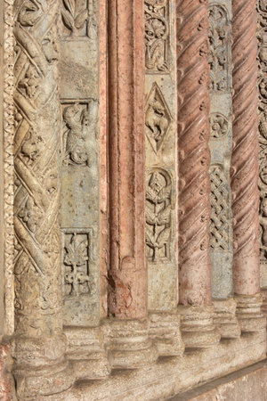 Medieval relief from Verona Cathedral romanesque portal with animals, monsters and plants, created...