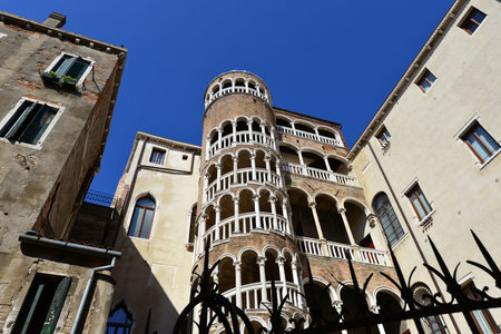 Venice, Italy "July 31, 2015: Scala Contarini del Bovolo, a beautiful renaissance spiral staircase in the center of Venice, one of the most famous tourist attraction in the city, seen from belowのeditorial素材