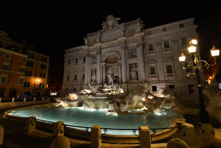 Rome, Italy, November 4, 2015: Wonderful Trevi Fountain at night, just after the last restorationのeditorial素材