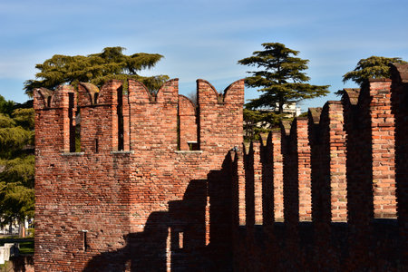 Medieval Scaliger Bridge in Verona with its characteristic Ghibelline battlementsのeditorial素材