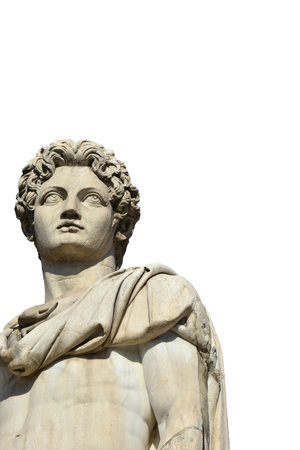 Castor or Pollux with copy space and white background. Ancient marble statue of Dioskouri at the top...
