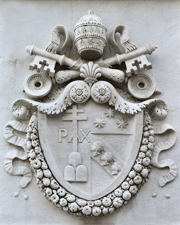 Pope Pius VII emblem in Pincio Gardens public park in Rome, made in 1822の写真素材