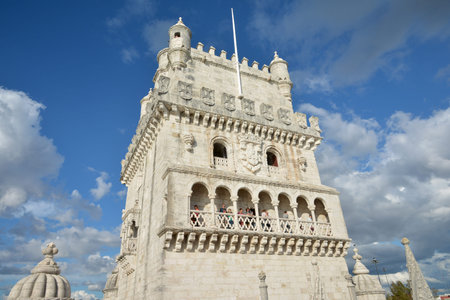 Lisbon, Portugal, October 20, 2015: Tourists visit the famous Belem Tower near Lisbon, a prominent example of 16th century Manueline style in Portugalのeditorial素材
