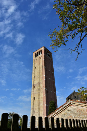 Ancient medieval, bell tower of Santa Maria Assunta Cathedral, in the Island of Torcello near Venice