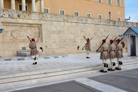 Athens, Greece, October 17, 2014: Changing the Guard in front of the Tomb of Unknown Soldier with...