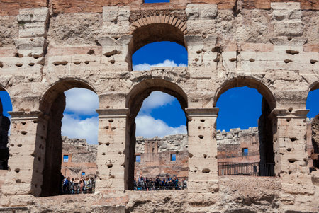 Rome, Italy, April 23, 2017: Tourists visiting the Coliseum monumental arcades in Romeのeditorial素材