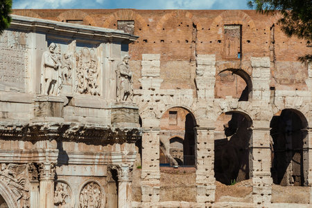 Antiquities, archeology and vistiges of the past in Rome. Coliseum monumental arches and Arch of...