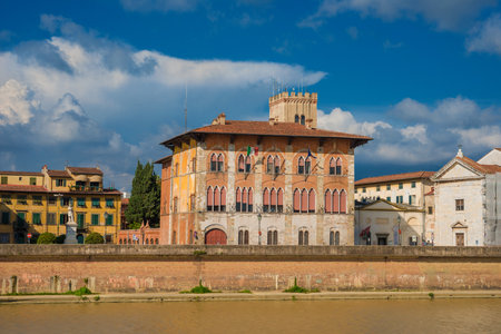 Pisa, Italy, May 11, 2018: View of the Palazzo Medici and the National Museum of San Matteo along the River Arnoのeditorial素材
