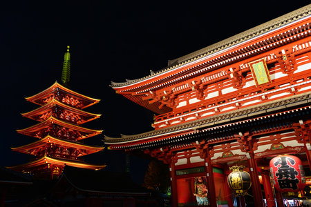Tokyo, Japan, November 29, 2017: Night view of Senso-ji Temple ancient pagoda and gate in Asakusaのeditorial素材