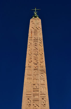Ancient egyptian obelisk built during pharaoh Ramesses II reign and brought to Rome by emperor Augustus, now in the center of Piazza del Popolo Squareのeditorial素材