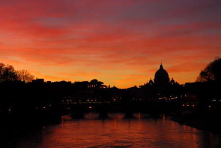 Beautiful sunset along River Tiber in Rome (with copy space above)の写真素材