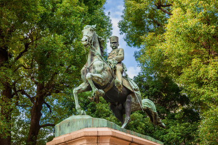 Tokyo, Japan, February 12, 2019: Prince Kitashirakawa Yoshihisa, Imperial Japanese Army general in Meiji Era. Bronze statue, erected in 1903 in Kitanomaru Parkm near Imperial Palace entranceのeditorial素材