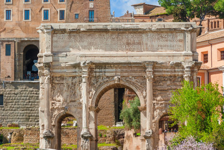 Rome, Italy, April 1, 2018: Ancient Arch of Septimius Severus, erected in the 3th century in Roman Forumのeditorial素材