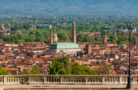 View of Vicenza historic center with the famous renaissance Basilica Palladiana, from Mount Berico panoramic terraceのeditorial素材