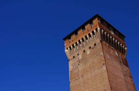 Porta Castello Tower. An imposing medieval tower over Vicenza walls main gate, the last surviving part of an ancient 14th century castle (with copy space)のeditorial素材