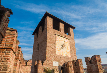 View of the beautiful Clocktower of Castelvecchio (Old Castle) in Verona, now the msot important civic museum of the cityのeditorial素材