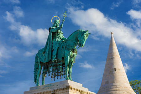 Bronze equestrian statue of Saint Stephen, King of Hungary, erected in 1906 in Fisherman's Bastion Square, in Budapestの写真素材