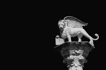 Lion of Saint Mark, symbol of the old Venice Republic. Monument erected in 1473 in Vicenza central square (Black and White with copy space)の写真素材