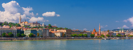 View of Budapest hill with Matthias Church, Fisherman's Bastion and River Danubeのeditorial素材