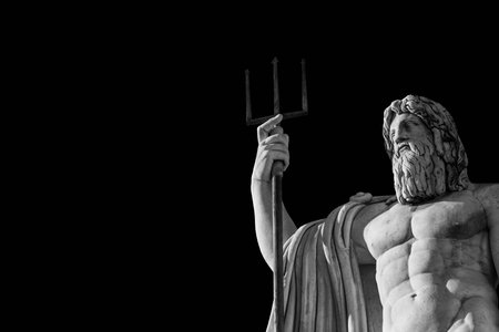 Neptune God of the Sea. Marble statue with trident erected in 1823 in People's Square in Rome (Black and White with copy space)の写真素材