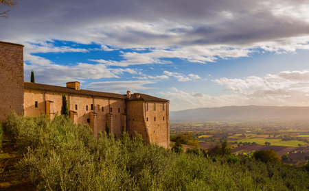 Vie of Umbria valley just befor sunset from Assisi charming historic centerのeditorial素材