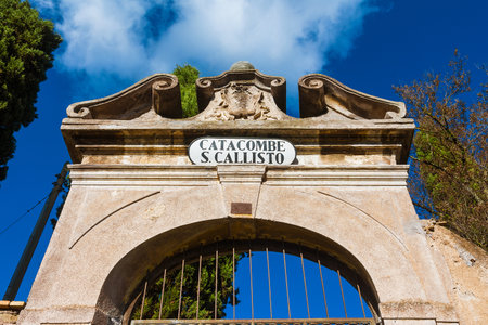 The entrance of Catacomb of Callixtus, one of the biggest and famous catacombs complex of Rome, along the old Appian Wayのeditorial素材