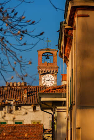 View of Lucca historic center with medieval and iconic 'Torre delle Ore'' (Clock Tower), a city landmark, rises above the city old roofs の写真素材