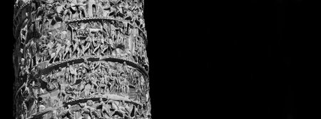 Ancient Romans at war. Detail from the Column of Emperor Marcus Aurelius with battle scenes against german barbarians, erected in the 2nd century AD in Rome (Black and White with copy space)の写真素材