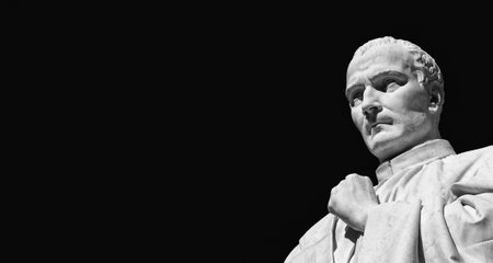 Francesco Burlamacchi, chief of the old Republic of Lucca against Medici Florence in Renaissance age. Monument erected in 1863 in the city historic center (Black and White with copy space)の写真素材