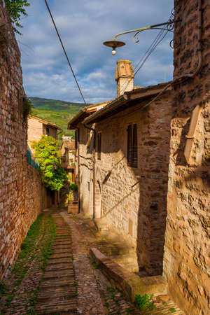Spello charming historic center lane in Umbriaの写真素材