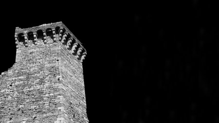 Medieval walls in Italy. Assisi ancient medieval walls ruins (Black and white with copy space)の写真素材