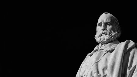 Monument of Giuseppe Garibaldi, one of Italy's Fathers of Fatherland and national hero, in the center of Lucca, erected in 1889 (Black and White with copy space)のeditorial素材
