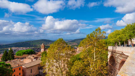 View of Perugia medieval historic center and Umbria countryside from city panoramic terraceの写真素材