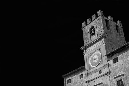 Cortona old clocktower, symbol of the little and charming ancient city in Tuscany, completed in the 15th century (Black and White with copy space)の写真素材