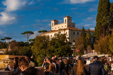 ROME, ITALY - NOVEMBER 18, 2018: View of Villa Medici on Pincian Hill from Spanish Steps panoramic terrace, now the French Academy in Romeのeditorial素材