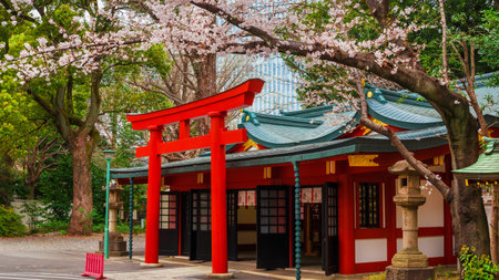 TOKYO, JAPAN - FEBRUARY 29, 2019: Inari Shrine with cherry blossom in Tokyoのeditorial素材