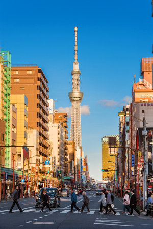 TOKYO, JAPAN - MARCH 21, 2019: View of the famous Tokyo Skytree from Asakusa district