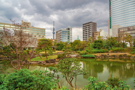 TOKYO, JAPAN - MARCH 28, 2019: Stormy clouds over Yokoamicho Park with Tokyo Skytree tower. A public park in the Yokoami district of Sumidaのeditorial素材