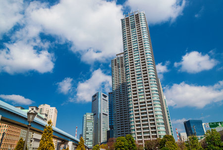 TOKYO, JAPAN - MARCH 5, 2019: View of Shimbashi district skyscrapers and Yurikamome Line viaduct from 'Parco Italia' public parkのeditorial素材