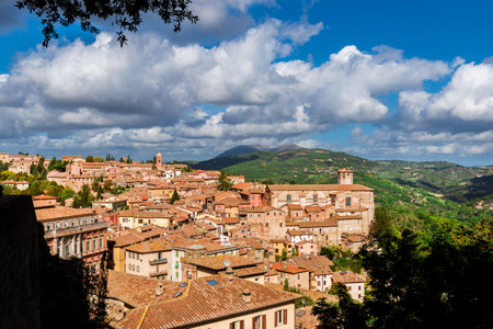Perugia historical center and Umbria countryside from Porta Sole panoramic terraceの写真素材