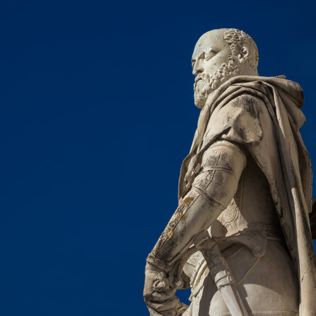 Cosimo I de Medici, Grand Duke of Tuscany. A marble statue erected in 1596 in the historical center of Pisa (with blue sky and copy space)の写真素材