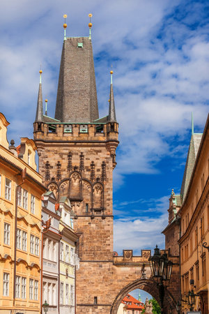 Prague historical center with Mala Strana Bridge Towers at the end of Charles Bridge in Pragueの写真素材
