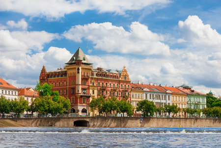 PRAGUE, CZECH REPUBLIC - JULY 15, 2022: View of Prague beautiful waterfront alonf River Vltavaのeditorial素材