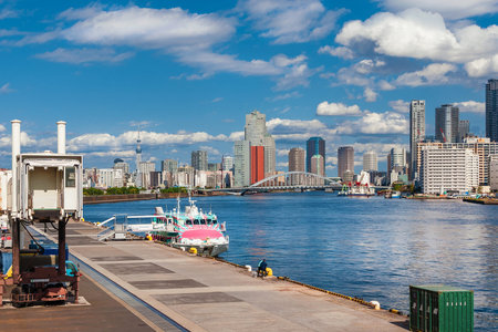 TOKYO, JAPAN - OCTOBER 21, 2023: View of Tokyo Bay, Sumida River and Skytree from Takeshiba Pier panoramic terraceのeditorial素材