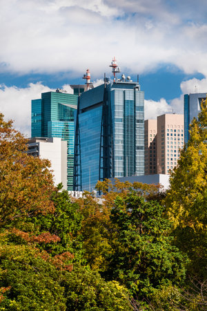 TOKYO, JAPAN - OCTOBER 21, 2023: Modern architecture in Japan. The Shiodome Sio-Site skyscrapers in Minato Ward areaのeditorial素材
