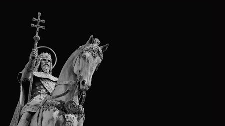 Bronze equestrian statue of Saint Stephen, King of Hungary, erected in 1906 in Fisherman's Bastion Square, in Budapest (Black and White with copy space)の写真素材