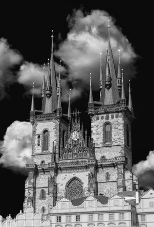 The iconic Church of Our Lady before Tyn famous gothic twin towers, completed in 1511 in Prague Old Town Square (Black and White)の写真素材