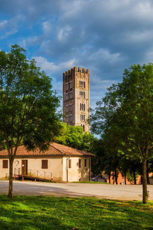 Medieval bell tower from Lucca ancient city walls parkの写真素材